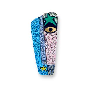 Vintage Distressed Pink & Blue African Mask 3D Wall Art with Stars - Handcrafted Wooden Decor - Unique Cultural Doodle Home sculpture