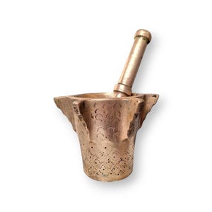Pure and Heavy Brass Mortar Made by Jewish Artisans in Morocco, Rare Vintage 6 Sided Yellow Copper. Moroccan Mehraz Spice Grinder