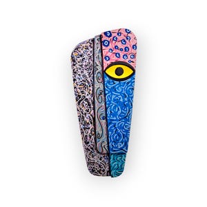 Vibrant Pink & Blue African Mask 3D Wall Art - Handcrafted Wooden Decor - Artistic Doodle Cultural sculpture for Modern Living Spaces
