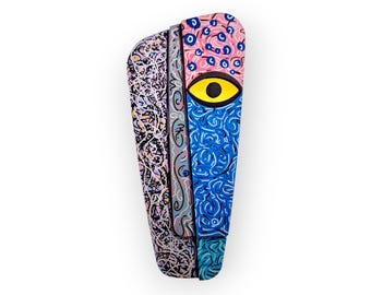 Lebendige Pink & Blaue Afrikanische Maske 3D Wandkunst - Handgefertigtes Holzdekor - Künstlerische Gekritzel Kulturelle Skulptur für Moderne Wohnräume