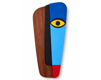 African Mask Wall Art Wooden Sculpture, Handmade Tribal Wall Decor, Blue Boho Mask, Large 3D Wall Hanging, Luxury Ethnic Home Decor
