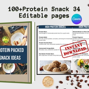 Könnte beinhalten: Ein digitaler Download für ein druckbares E-Book mit 34 Seiten voller Ideen für proteinreiche Snacks. Das Cover zeigt ein Foto eines Tisches mit Essen und einer Person, die Essstäbchen hält. Der Titel des E-Books lautet "Protein Packed Snack Ideas".