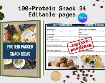 May include: A digital download for a printable ebook with 34 pages of high protein snack ideas. The cover features a photo of a table with food and a person holding chopsticks. The title of the ebook is "Protein Packed Snack Ideas".