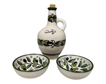 Palestine Ceramic Oil Dispenser and set of 2 Bowls 9 cm Handmade & Hand Painted Made in Palestine