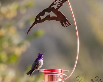 Bee-Proof, Drip-free Copper Hummingbird Feeder with Rusted Steel Hummingbird