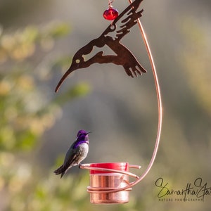 Bee-Proof, Drip-free Copper Hummingbird Feeder with Metal Hummingbird image 1