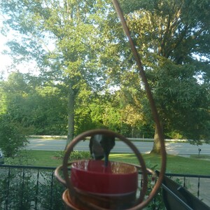 May include: A hummingbird feeder with a red and copper base, hanging from a wire hook. The feeder is surrounded by green foliage and a blurry view of a road in the background.