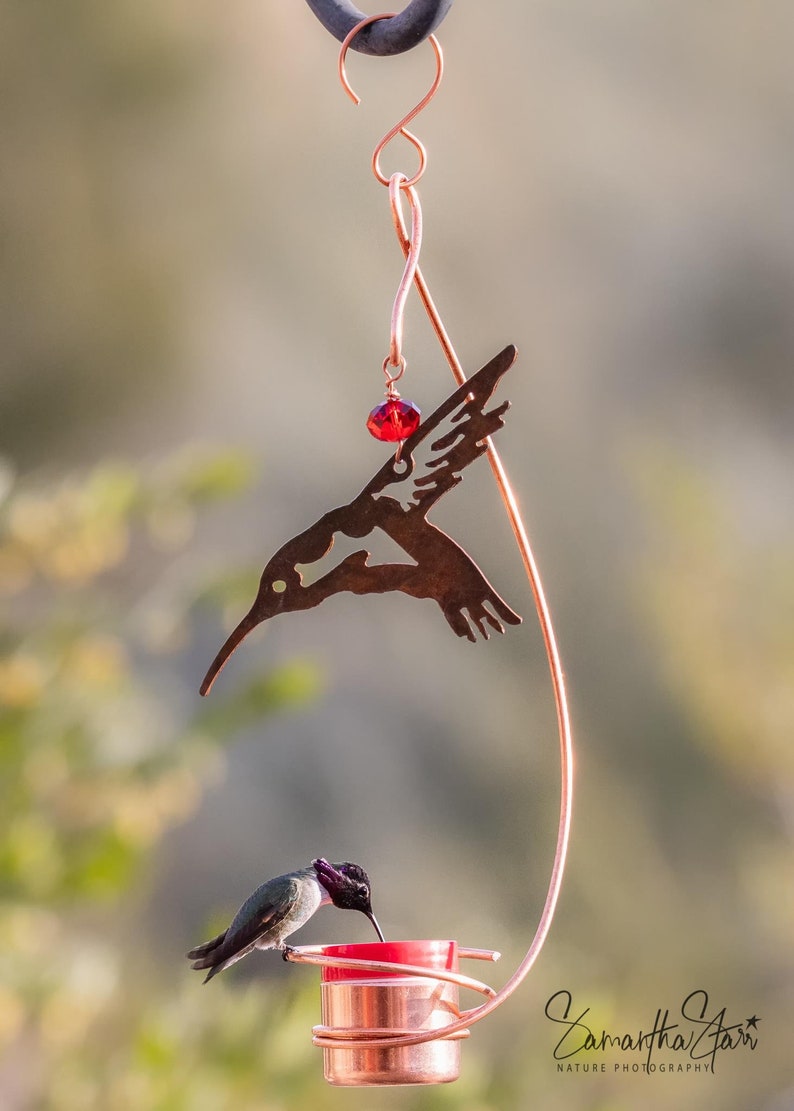 Bee-Proof, Drip-free Copper Hummingbird Feeder with Metal Hummingbird image 10