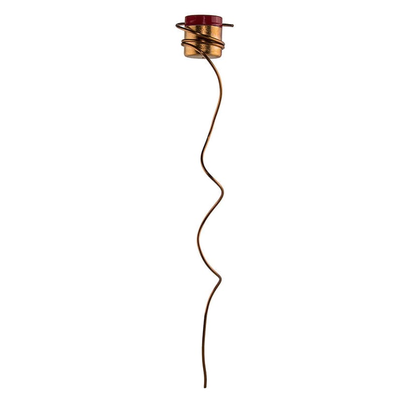 May include: A decorative candle holder with a red top and a copper-colored base. The base is wrapped with copper wire and has a long, wavy stem. The candle holder is designed to hold a single candle.
