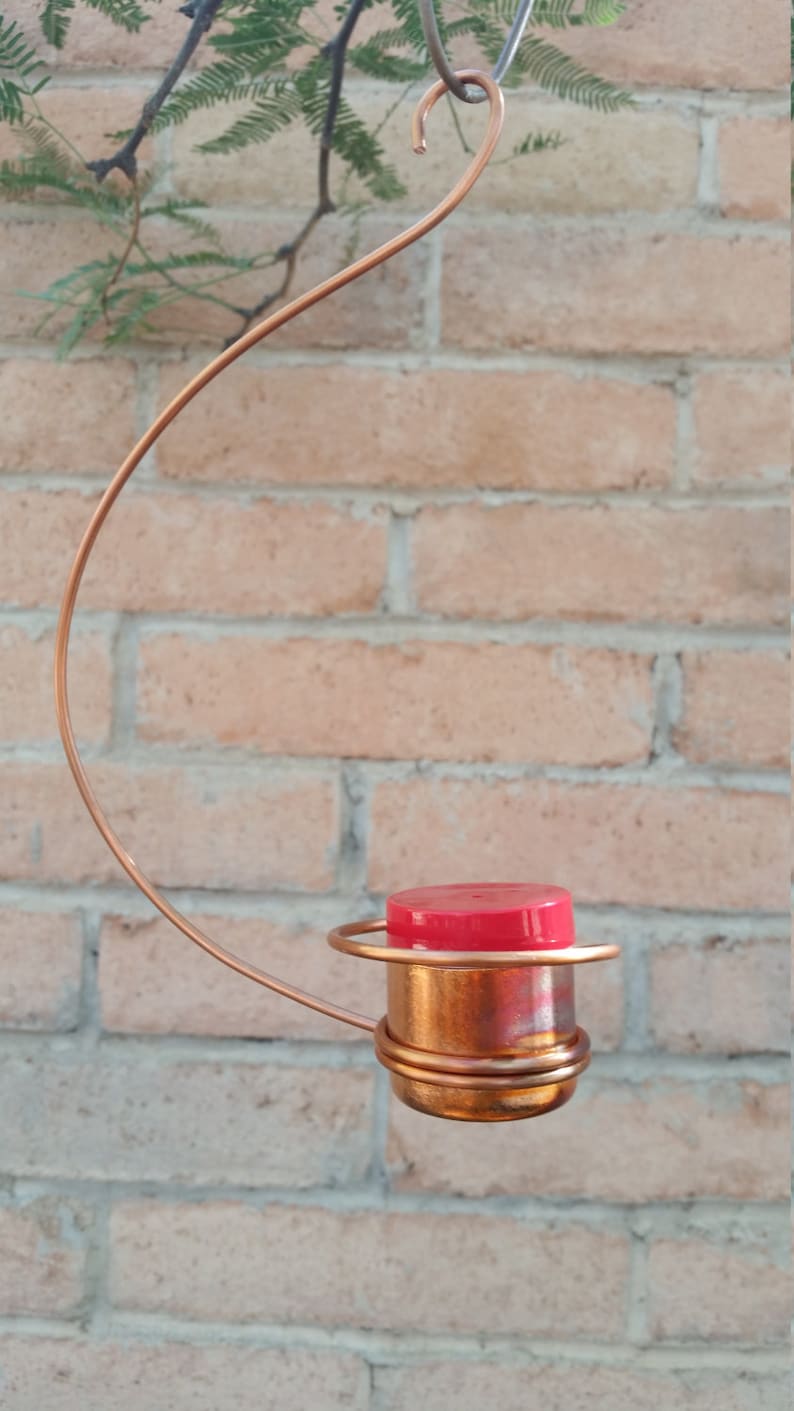May include: A copper wire hummingbird feeder with a red plastic top hanging from a branch.