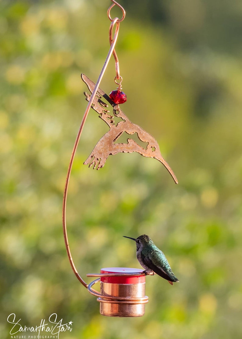 Bee-Proof, Drip-free Copper Hummingbird Feeder with Metal Hummingbird image 3