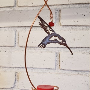 Bee-Proof, Drip-free Copper Hummingbird Feeder with Metal Hummingbird image 2