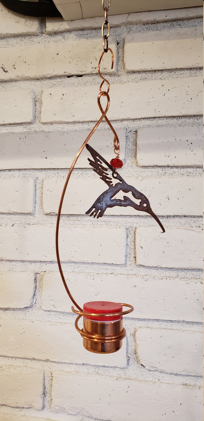 Bee-Proof, Drip-free Copper Hummingbird Feeder with Metal Hummingbird image 2