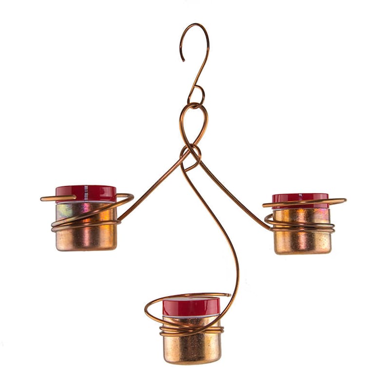 May include: A copper wire hanging feeder with three red and clear glass hummingbird feeders. The feeder has a hook for hanging.