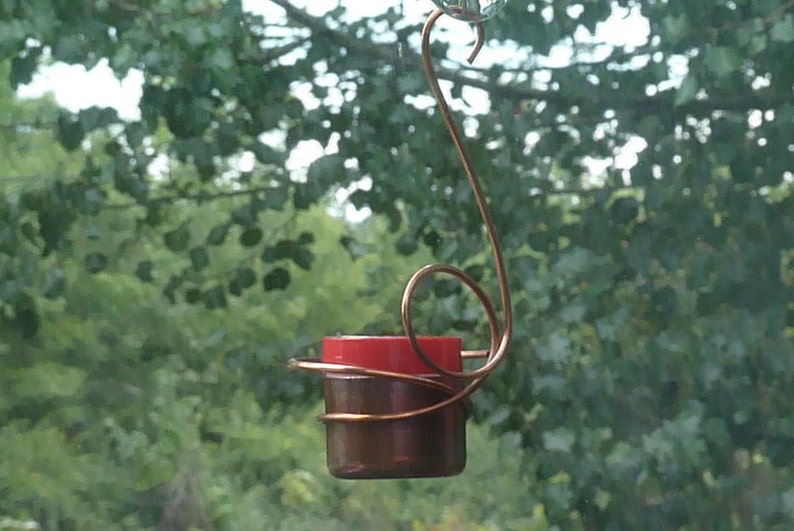 May include: A copper wire hummingbird feeder with a red glass base hanging from a window.