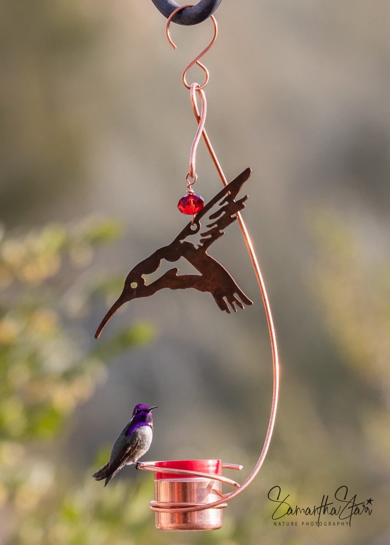 Bee-Proof, Drip-free Copper Hummingbird Feeder with Metal Hummingbird image 1