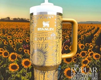 Sunflower Stanley Cup Tumbler, Engraved 40oz Quencher, Personalized Travel Mug with Handle, Large Coffee, Water Bottle Floral Full Wrap