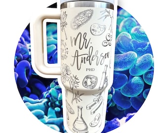 Biologist Engraved 40oz Tumbler with Handle, Personalized Biology or Science Teacher Gift, Microbiology Coffee Mug Scientist Microorganism