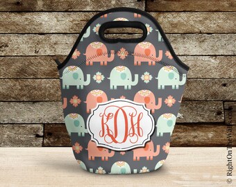 Lunch Bag, Elephant Insulated Lunch Bag, Monogram Lunch Bag for Women, Lunch Tote