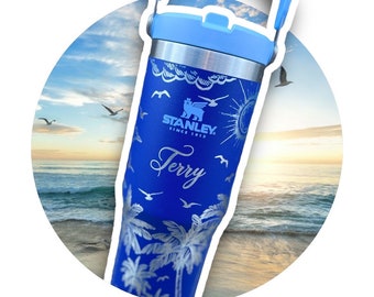 Beach Stanley Cup 40oz Tumbler, Engraved 30oz Iceflow SpillProof, Family Vacation, Tropical Girls Trip Ocean Palm Trees Sand Sunset