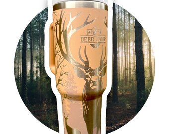 Deer Camp Tumbler for Men, Personalized Mug Forest Woods, Large Cabin Coffee Mug, Trophy Buck Engraved Hunter Fathers Day Gift