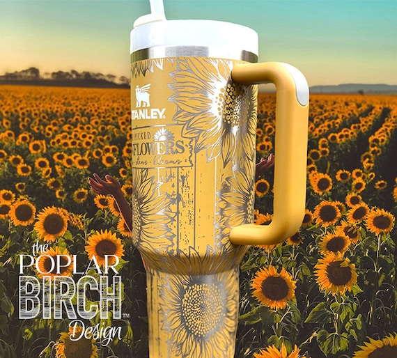 40oz Stanley Quencher - Engraved Sunflower Design Full Wrap with Handle &  Straw