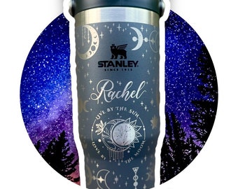 Celestial Stanley Cup Tumbler 40oz with Handle, Engraved 30oz Iceflow Spill Proof Flip Straw, Moon Phases Sun Stars Evil Eye & Crystals