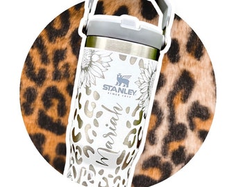 Leopard Sunflower Engraved Stanley Cup Print Sunflowers Tumbler 30oz 20oz Iceflow Personalized Water Bottle Large Mug Spillproof Flip Straw