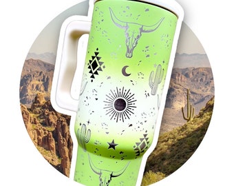 Western Longhorn Engraved Tumbler, Personalized Water Bottle, Rodeo Cowgirl Insulated Mug, Ombre Southwestern Cup, Desert Cactus