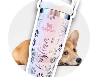 Pawprint Daisy Engraved Stanley Cup Print Dog or Cat Floral Daisies Tumbler 30oz Iceflow personalized Water Bottle Large Mug Spillproof