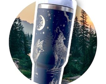 Wolf 40oz Tumbler with Handle, Engraved Personalized Cup, Howling Wolves, Full Moon, Large Mug Wolf Pack