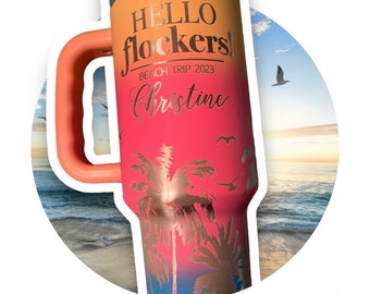 Beach Engraved 40oz Tumbler, Custom Girls Trip Water Bottle with Name, Ocean Sunset Personalized Tropical Family Vacation Palm Trees Sand