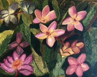 Abstract Plumeria Garden Art Print by Henry , Pink Floral Botanical Wall Art