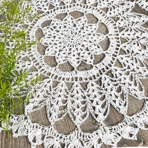 Puede incluir: Un tapete blanco de ganchillo hecho a mano con un patrón floral detallado. El tapete es circular y presenta intrincados diseños calados. El follaje verde es visible en el lado izquierdo de la imagen, agregando un contraste natural.