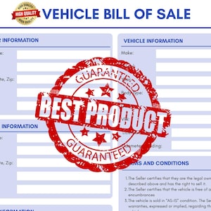 Vehicle Bill of Sale. Printable Motor Vehicle Sale Contract. Vehicle Bill of Sale Template. Bill of Sale PDF. WORD PDF. Instant Download