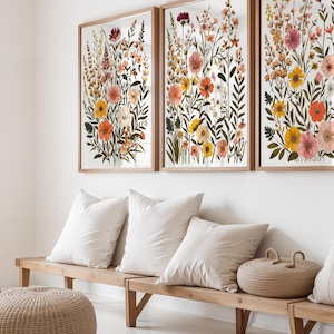 Colorful Wildflower Print Set of 3, Boho Floral Wall Art, Flower Art Gift for Mom, Wildflower Nursery Decor, Cottagecore Flower Art Prints