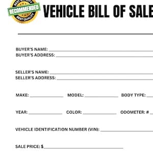 Vehicle Bill of Sale. Vehicle Bill of Sale Template. Printable Motor Vehicle Sale Contract. Printable Car Sale form. Instant Download PDF