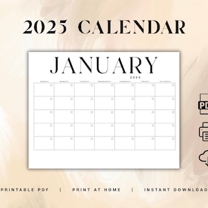2025 Calendar, 2025 Monthly Planner, Elegant Monthly Calendar, Sunday & Monday Start, 2025 A4 Letter Size, Wall Calendar, PRINTABLE PDF