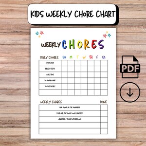Chore Chart, Kids Chore Chart, Printable Editable Kids Chore Chart, Chores Checklist, Instant Download, Digital Download, Kid&#39;s Chore Chart