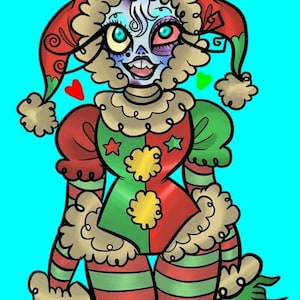 May include: A digital illustration of a jester-like figure with a skull-like face. The jester wears a red and green outfit with striped legs, a ruffled collar, and a hat with bells. The background is a solid light blue.