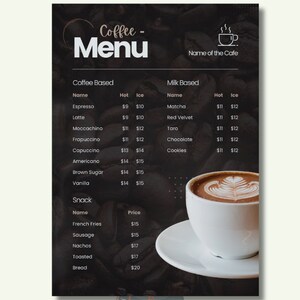 Modelo de menu de café Menu de restaurante editável Canva Design Modelo de menu de café moderno para impressão