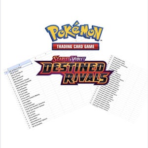 Puede incluir: La imagen presenta el logotipo de Pokémon Trading Card Game sobre el logotipo de "Scarlet & Violet Destined Rivals". Una hoja de cálculo con nombres de cartas está en el fondo. La imagen es blanca con logotipos rojos, amarillos, azules y morados.