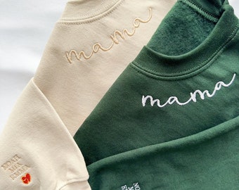 Custom Embroidered Mama Sweatshirt with Kids Name on Sleeve, Personalized Mom Sweatshirt, Minimalist Momma Sweater, Mothers Day Gift for Mom