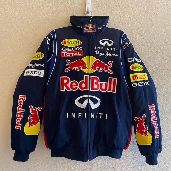 Formula F1 Jacket-Formula F1 Retro Cotton Fully Embroidered Red Bull Racing Jacket, Street Style Adult Jacket For Both Men And Women