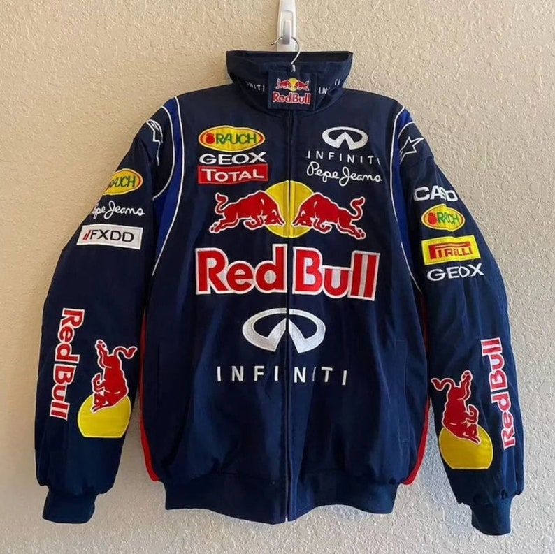 Formula F1 Jacket-Formula F1 Retro Cotton Fully Embroidered Red Bull Racing Jacket, Street Style Adult Jacket For Both Men And Women zdjęcie 1