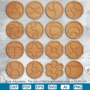 Könnte beinhalten: Eine Sammlung von sechzehn Holzuntersetzern mit verschiedenen geschnitzten geometrischen Designs. Die Untersetzer sind kreisförmig und weisen Muster wie Sterne, Blumen und abstrakte Formen auf. Der Text "Size: Adjustable. The size of the downloaded page is 50x50 cm." steht unten.