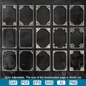 May include: A collection of ornate, decorative frames in various designs, rendered in a light color against a dark background. The frames feature intricate corner and edge details. The text at the bottom indicates the page size is 50x50 cm.