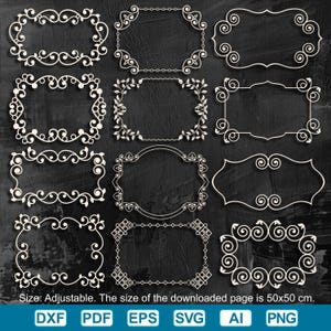 Puede incluir: Una colección de nueve marcos decorativos blancos ornamentados en varias formas y diseños, sobre un fondo gris oscuro. Los marcos incluyen estilos rectangulares, ovalados y con volutas. El texto en la parte inferior indica que el tamaño es ajustable y el tamaño de la página es de 50x50 cm.