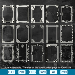 May include: A collection of 15 decorative rectangular frames in various designs, displayed against a dark background. The frames are white and feature intricate patterns. The text at the bottom states: "Size: Adjustable. The size of the downloaded page is 50x50 cm."