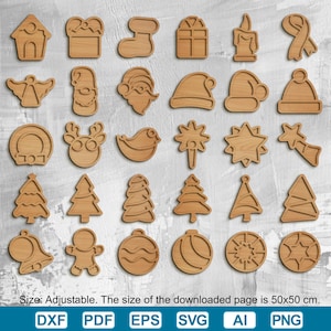 Könnte beinhalten: Eine Sammlung von Holzausschnitten zum Thema Weihnachten, darunter ein Haus, ein Geschenk, ein Strumpf, eine Kerze, ein Engel, ein Weihnachtsmann, Hüte, ein Kranz, ein Rentier, ein Vogel, ein Stern, ein Baum, eine Glocke, ein Lebkuchenmann, Ornamente und ein Schneeflocke. Die Größe der heruntergeladenen Seite beträgt 50x50 cm.